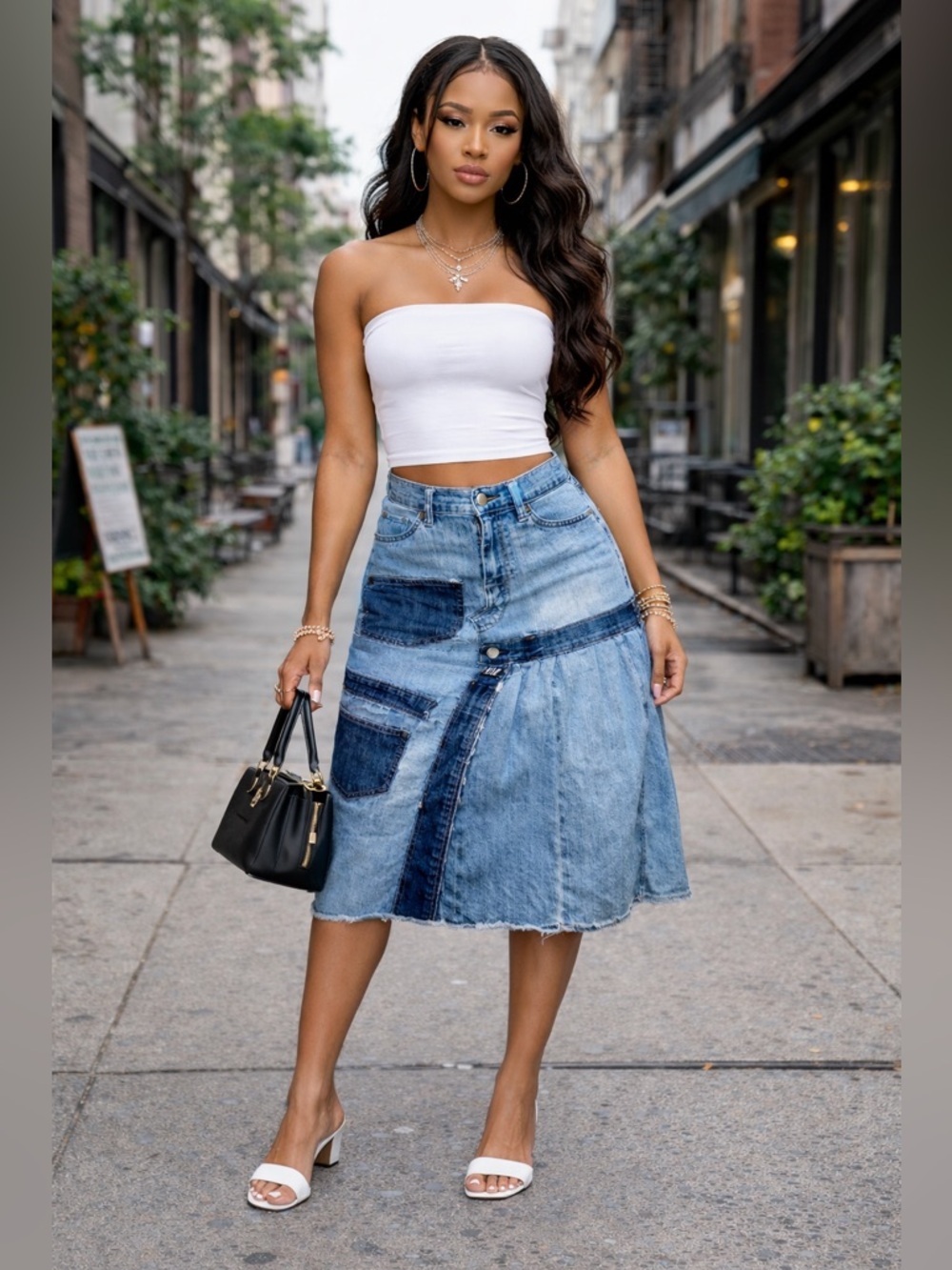 Upcycled GAP Patchwork Denim Midi Skirt Raw Hem One Of One Size 12 Artsy unique